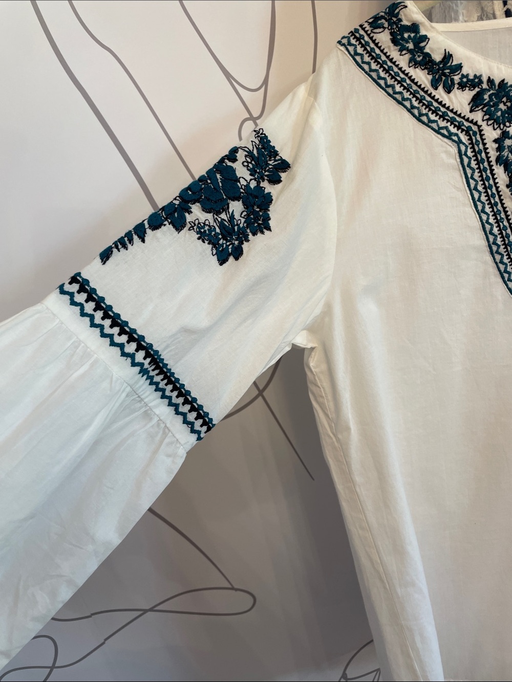 Talori-Boho Tunic Top with Blue Embroidery and Tassel Tie multiple sizes - Picture 7 of 7